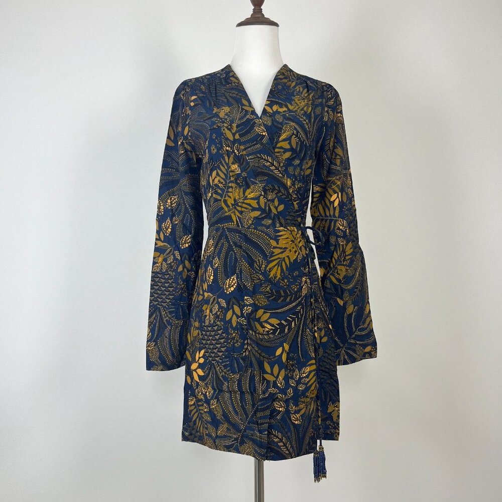 NWT Farm Rio Gold Blue Floral Forest Wrap Mini Dress Long Sleeve Size S - Picture 4 of 15